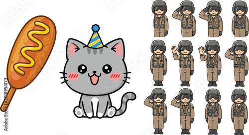 Cute cartoon cat wearing party hat with corndog snack and multiple soldier poses set isolated on white playful vector illustration bundle