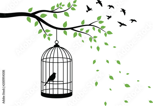 Tableau sur toile Conceptual illustration of freedom with bird escaping cage hanging on tree branc