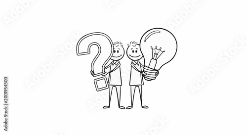 Two stick figures, one holding a question mark, the other a lightbulb