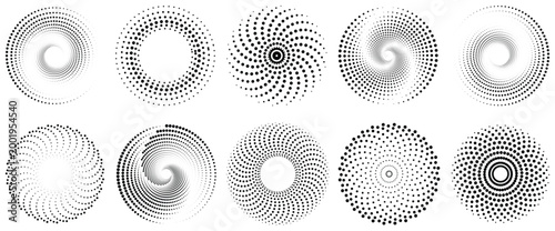 Radial speed Lines in circle form for comic books. Halftone effect circular dotted frame. Progress round loader. Half tone circle. Vector illustration isolated on the white background.