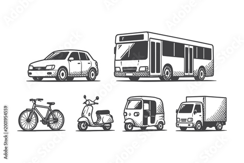 Urban transportation vector illustration set featuring car bus bicycle and scooter in detailed hand drawn line art style for city transport concept