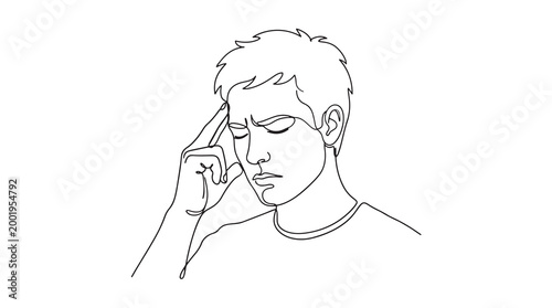A man experiencing a headache, depicted in a minimalist single-line drawing, conveying pain and discomfort