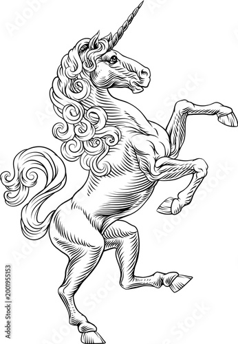 A heraldry coat of arms crest style rearing heraldic Unicorn standing on hind legs in a vintage style
