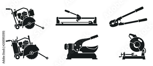 Construction Cutting Tools Icon Set - Saw, Tile Cutter, and Metal Shears for Building and Renovation Projects. Professional Equipment Silhouettes for Industrial Engineering and Architecture Design Ass