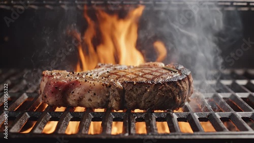 A close-up shot captures a piece of meat sizzling on a grill over glowing embers, showcasing the cooking process and the enticing aroma of barbecue.