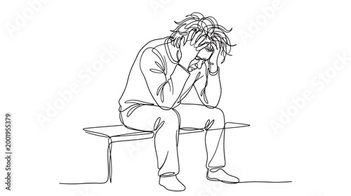 A Single Line Drawing of a Person Sitting and Holding Their Head in Despair