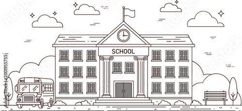 School Building Line Art Illustration with Bus, Students, and Campus Exterior in Minimal Outline Style for Education, Learning, and Academic Institution Design