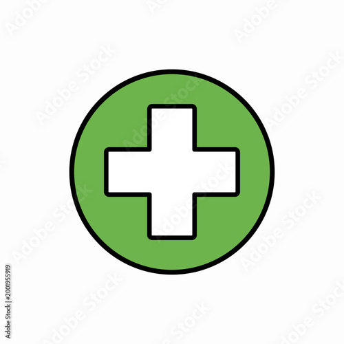 Green circular button vector illustration with a prominent white plus sign, representing medical care, first aid, or adding functionality in digital interfaces.