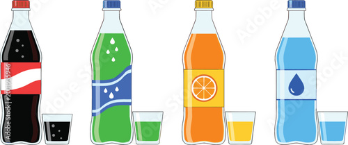 Soft Drink Bottles Collection with Cola, Lemon, Orange, and Water Beverages with Glasses for Refreshment Concept, Packaging Design, and Beverage Illustration Set