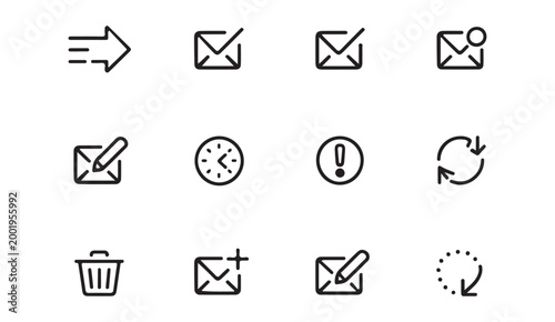 Outline icons collection for digital communication and business including mail refresh and time symbols.