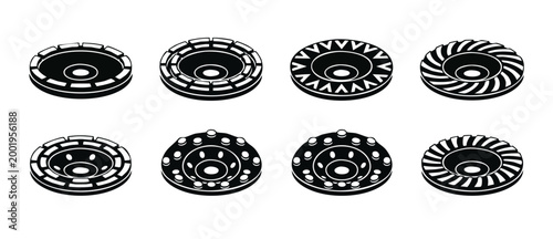 Diamond Cup Grinding Wheels Set for Concrete and Stone Surface Polishing and Angle Grinder Cutting Attachments Collection, Industrial Abrasive Disc Icons in Isolated Monochrome Graphic Style Vector.