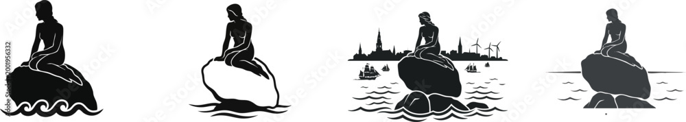 Fototapeta premium Seaside statue silhouette of The Little Mermaid for Copenhagen travel and Danish fairy tale cultural icons, vector isolated on white