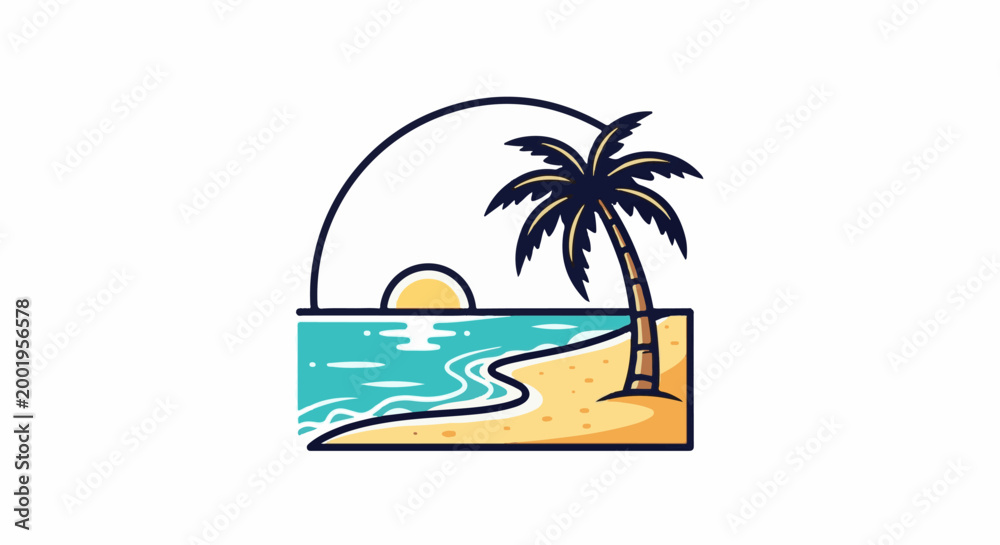 Obraz premium Stylized sunset over ocean waves with a lone palm tree on a sandy beach