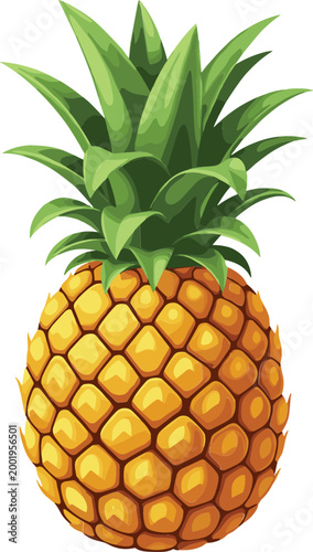 Whole Pineapple Vector Illustration with Detailed Texture and Green Leaves, Tropical Fresh Fruit Design for Summer, Healthy Nutrition, and Exotic Food Graphics