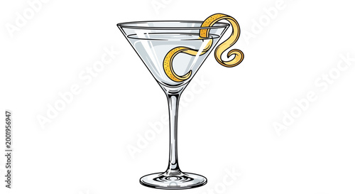Dry martini cocktail illustration with a long lemon twist garnish