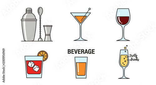 Flat Icon Set of Alcoholic Beverages and Cocktail Bar Tools