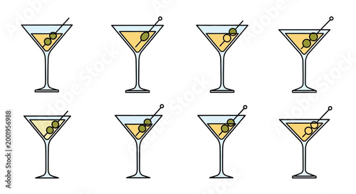 Set of Martini Cocktail Icons with Olives on White Background