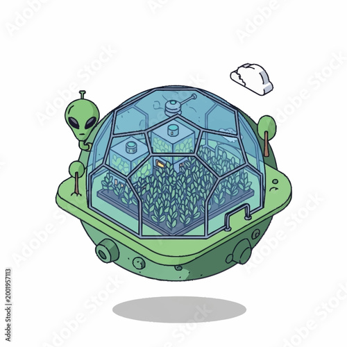 Green alien spacecraft with dome.