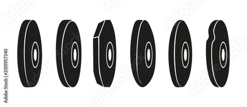 Abstract CD DVD Disc Icons Collection, Minimalist Black Disk Shapes Set, Digital Media Storage Symbols, Graphic Design Elements for Web UI, Tech Interface Vector Illustration Set, Isolated on White Ba