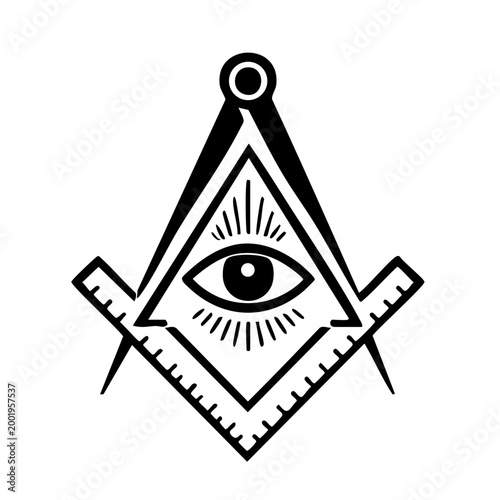 Classic Masonic symbol of the Square and Compasses with the All-Seeing Eye of Providence, a geometric emblem of Freemasonry and ancient wisdom.