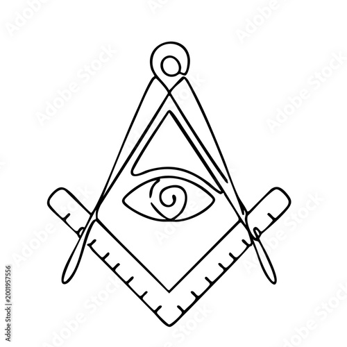 Freemasonry Symbol: Continuous line art drawing of Square and Compasses with the Eye of Providence in a triangle