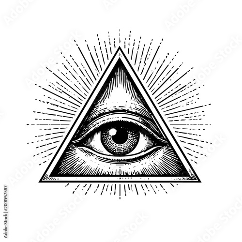 All-seeing Eye of Providence in pyramid with sunburst rays, vintage engraving illustration