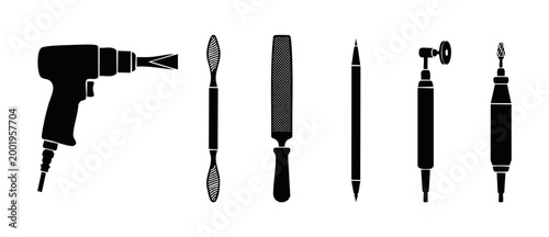 Dental Lab Tools Set Silhouette Vector Collection for Prosthodontics and Restoration Procedures. Collection of professional medical equipment for dental technicians including drills, files, and carvin