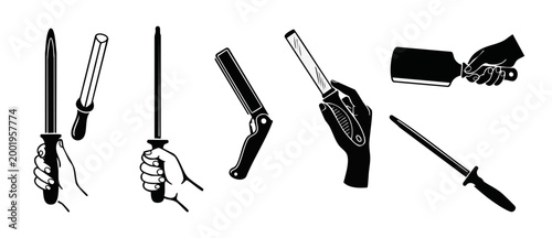 Knife Sharpening Steel Rod Set, Manual Blade Maintenance Tools, Chef Kitchen Utensil Silhouette Icons, Professional Honing Equipment, Culinary Skill Concept for Cooking Preparation and Edge Restoratio