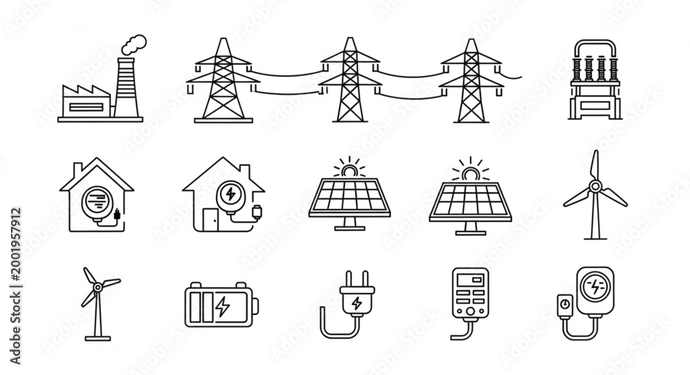 Fototapeta premium Collection of hand-drawn icons representing renewable energy sources and power infrastructure.