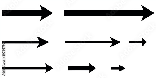Collection of black arrows of varying sizes and lengths pointing to the right on a white background.