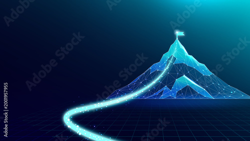 Quadro em tela A digital representation of a mountain with a glowing pathway, symbolizing progress and achievement through innovation