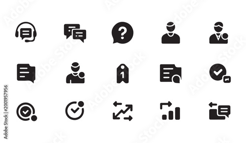 Solid black customer support and user interaction icons for website assistance and business metrics.