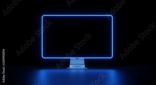 A futuristic glowing computer monitor with a neon blue frame on a black background blue light dark background modern technology