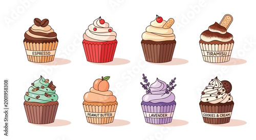 A vibrant collection of eight distinct cupcakes, each adorned with unique frosting and toppings, presented in a grid formation against a white background.