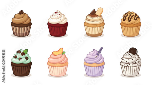A delightful collection of eight distinct cupcakes, each adorned with unique frosting and toppings, presented in a visually appealing arrangement.