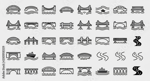Collection of Bridge Icons and Symbols Over Water.