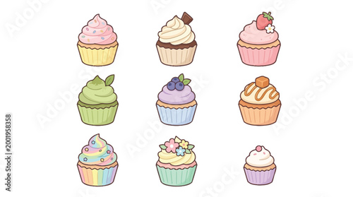 A delightful collection of nine colorful and artistically decorated cupcakes, each with unique frosting and toppings, presented against a clean white background.