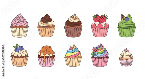A colorful collection of ten delicious and decorative cupcakes, each with unique frosting and toppings, presented in two rows against a white background.