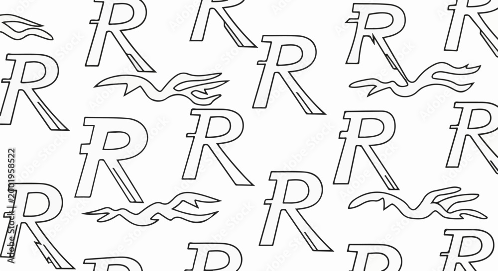 Obraz premium Outline of abstract flame-like shapes and repeated letter R designs on a white background