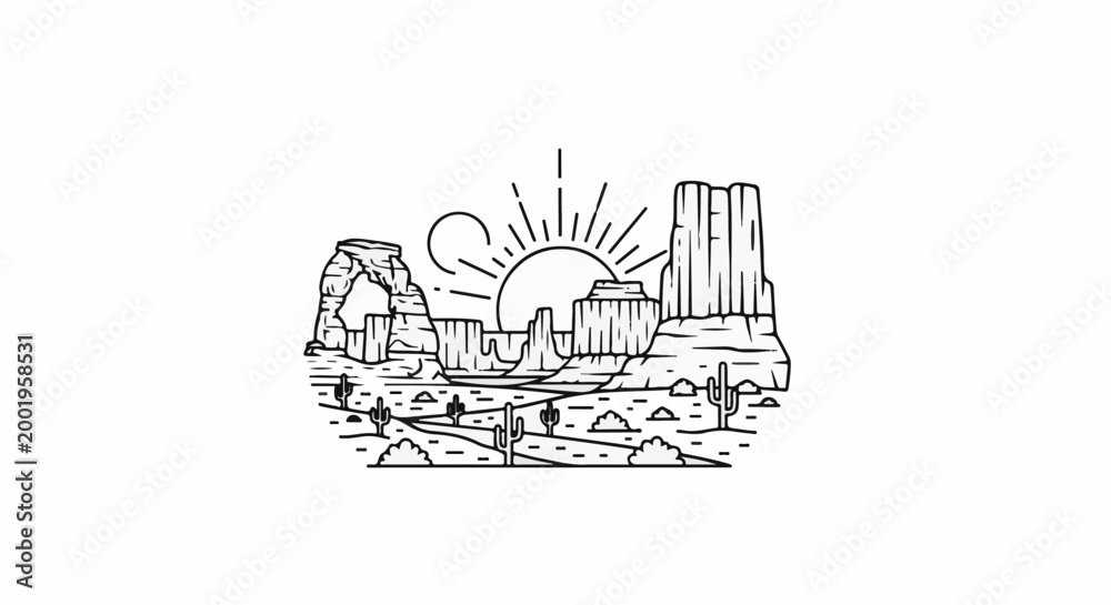 Naklejka premium Desert landscape with sun, rock formations, and cacti