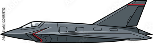 Combat aircraft cruises in a steady side profile view showcasing its sleek grey metallic fuselage and red accent lines.