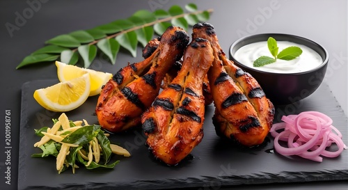 Juicy Chicken Tikka with Mint Dip – Indian Grilled Appetizer Realistic Food Photography