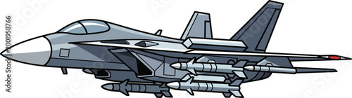Armed fighter jet carrying multiple missiles patrols the skies in a detailed and realistic vector illustration.