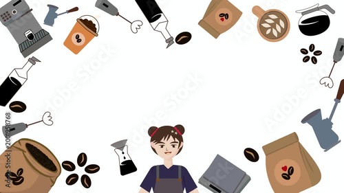 4k loop Cute Barista and Coffee Equipment Border Animation - Professional Cafe Motion Graphic