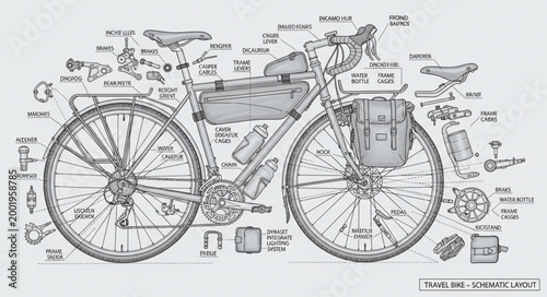 Vintage Bicycle Technical Drawing With Parts Labeled.