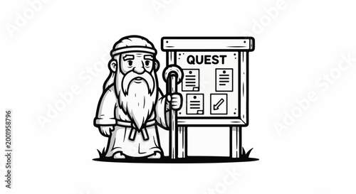 Cartoon wizard with staff stands beside a quest board with posted assignments