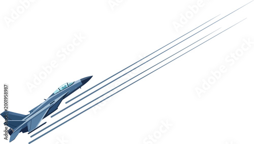 Fighter jet soars through the atmosphere at high velocity leaving behind long parallel vapor trails.