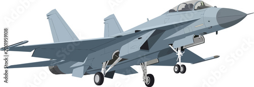 Fighter jet with landing gear deployed showcases a detailed technical illustration of a modern combat aircraft.