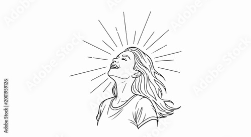 Woman with wavy hair and closed eyes looking upwards with sunburst lines