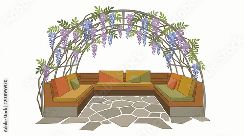 Garden pergola with wisteria and stone patio seating